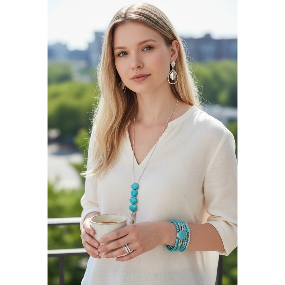 Paparazzi Turquoise Stone Silver Tassel Statement Necklace Bohemian Long Chain